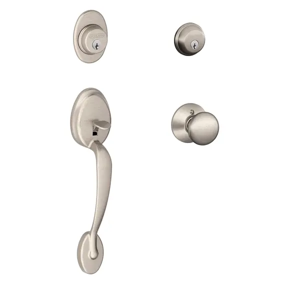 Schlage Residential F62PLY619PLY Plymouth with Plymouth Knob Double Cylinder Handleset and Trim C Keyway with 12326 Latch and 10269 Strikes Satin Nickel Finish