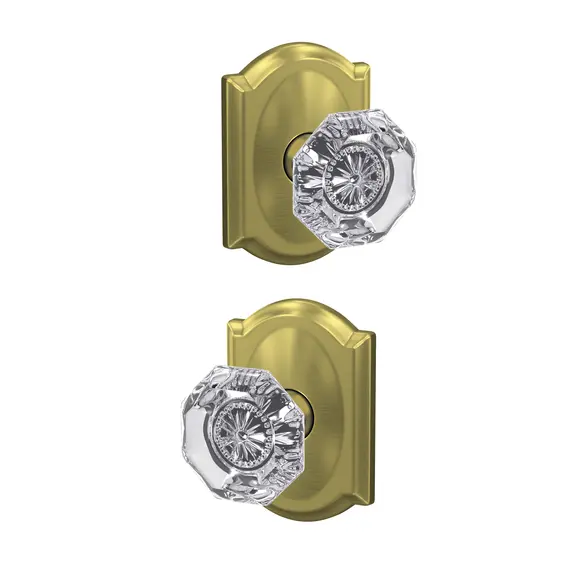 Schlage Residential FC21ALX608CAM Schlage Custom  Alexandria Glass Knob with Camelot Rose Passage and Privacy Lock with 16600 Latch and 10027 Strike Satin Brass Finish