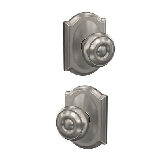 Schlage Residential FC21GEO619CAM Schlage Custom  Georgian Knob with Camelot Rose Passage and Privacy Lock with 16600 Latch and 10027 Strike Satin Nickel Finish