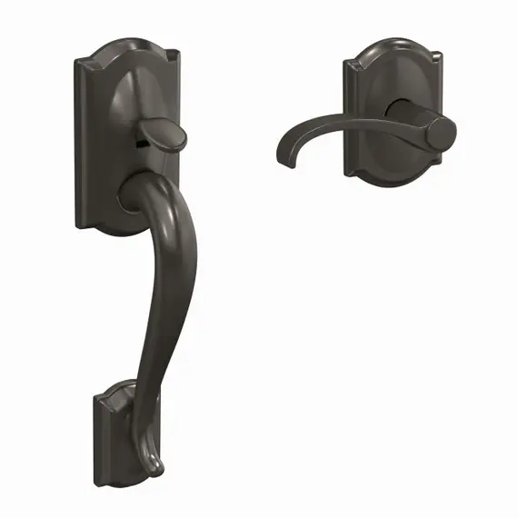 Schlage Residential FC285CAM530WITCAM Schlage Custom  Camelot with Whitney Lever with Camelot Rose Bottom Half Handleset with 16601 Latch and 10063 Strike Black Stainless Finish