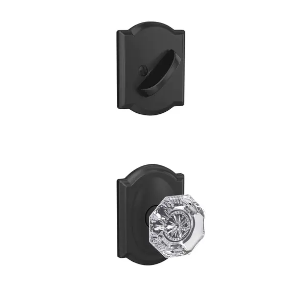 Schlage Residential FC59ALX622CAM Schlage Custom  Custom Alexandria Glass Knob with Camelot Rose Interior Active Trim with 16680 Latch and 10269 Strike Matte Black Finish