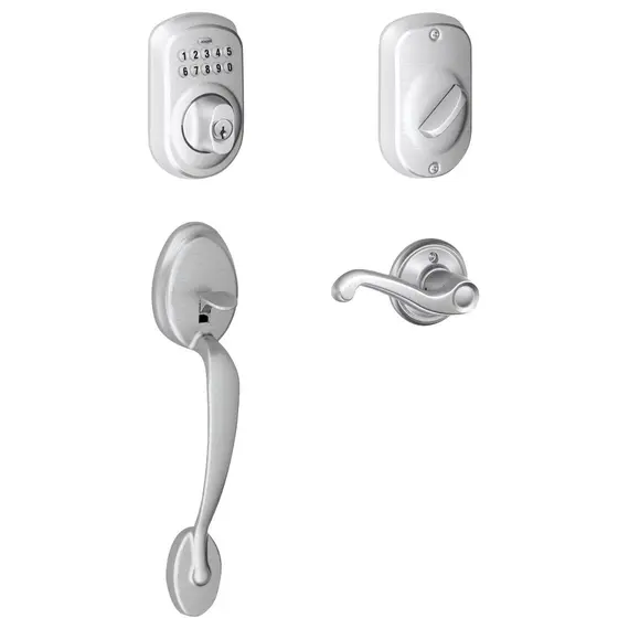 Schlage Residential FE365PLY626FLARH Right Hand Plymouth with Flair Lever Handleset with Keypad Deadbolt with Adjustable Backsets and Dual Strikes Satin Chrome Finish