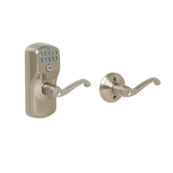 Schlage Residential FE575PLY619ACC Plymouth with Accent Lever Keyed Entry Auto Lock Electronic Keypad with 16211 Latch and 10063 Strike Satin Nickel Finish