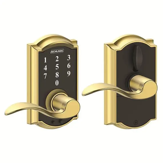 Schlage Residential FE695CAM605ACC Camelot with Accent Lever Keyless Touch Lever Lock with 16211 Latch and 10063 Strike Bright Brass Finish