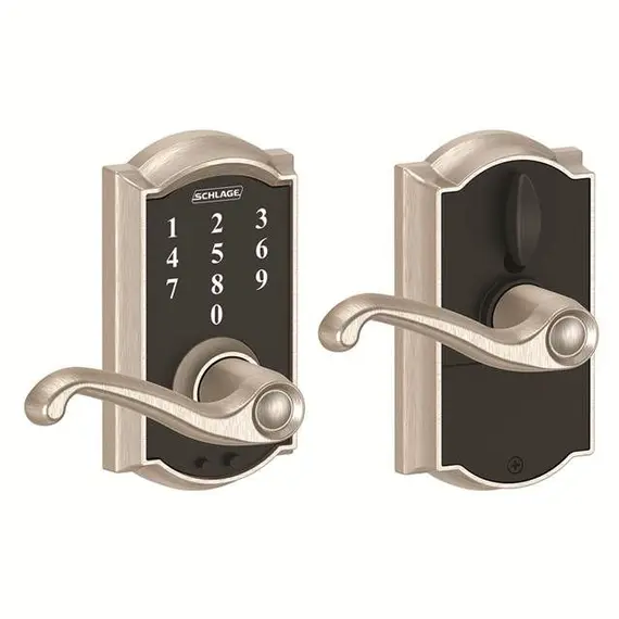 Schlage Residential FE695CAM619FLA Camelot with Flair Lever Keyless Touch Lever Lock with 16211 Latch and 10063 Strike Satin Nickel Finish