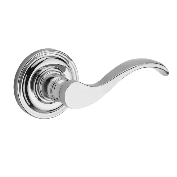 Baldwin HDCURLTRR260 Half Dummy Left Hand Curve Lever and Traditional Round Rose Bright Chrome Finish