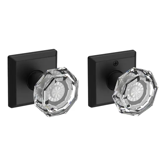 Baldwin PSCRYTSR190 Passage Crystal Knob with Traditional Square Rose with 6AL Latch and Dual Strike Satin Black Finish