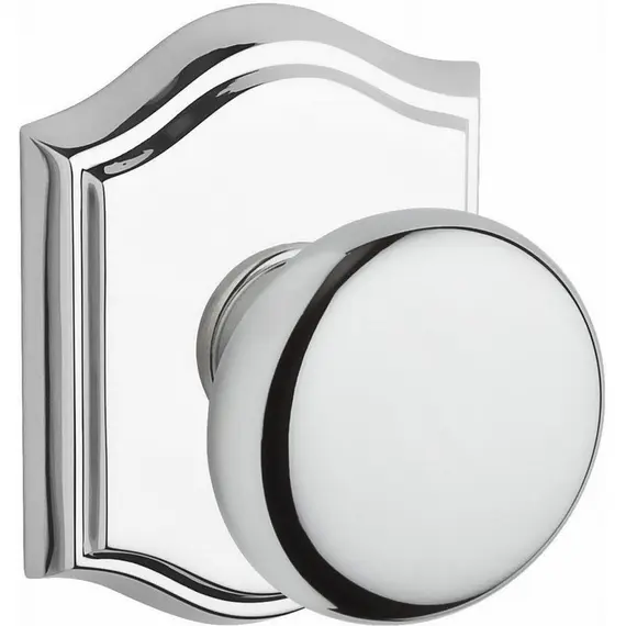 Baldwin PVROUTAR260 Privacy Round Knob and Traditional Arch Rose with 6AL Latch and Dual Strike Bright Chrome Finish