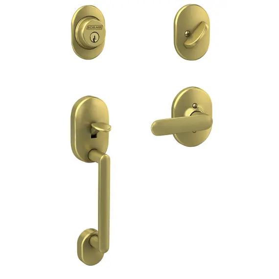 Schlage Residential F60RMN608DAVRMN Remsen with Davlin Lever and Remsen Rose Single Cylinder Handleset and Trim C Keyway with 12326 Latch and 10269 Strikes Satin Brass Finish