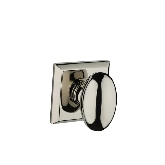 Baldwin PSELLTSR055 Passage Ellipse Knob and Traditional Square Rose with 6AL Latch and Dual Strike Lifetime Bright Nickel Finish