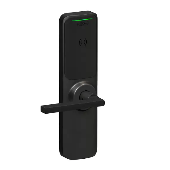 Schlage Electronics XE360EW99ROFISMP6LAT622 XE360 Series Wireless Exit Trim with Wide Escutcheon for Von Duprin 98/99 Rim Device, Offline Indicator Function with Smart Mobile Reader, Latitude Lever, and 6 Pin C Keyway Matte Black Finish