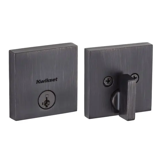 Kwikset 258SQT-11PS.STRKP Downtown Square Contemporary Low Profile Single Cylinder SmartKey Deadbolt with 6AL Latch and STRKP Strike Pack which includes Square Corner, Round Corner and 5303 Round Corner Full Lip Strikes KA3 Venetian Bronze Finish