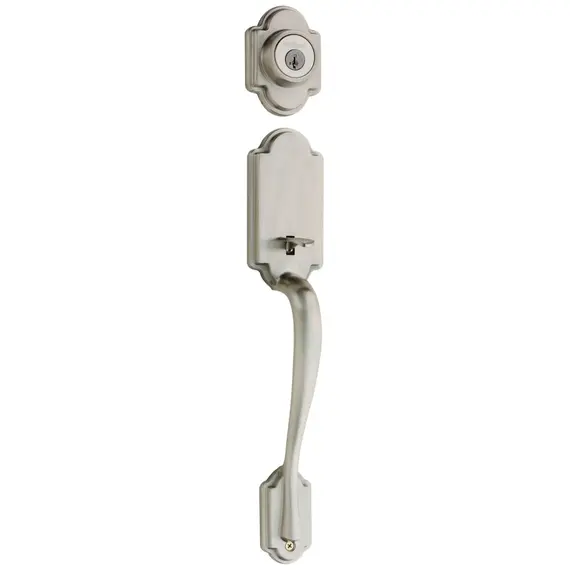 Kwikset 800ANLIP-15S.STRKP Arlington Single Cylinder Exterior Handleset SmartKey with 6AL Latch and STRKP Strike Pack which includes Square Corner, Round Corner and 5303 Round Corner Full Lip Strikes Satin Nickel Finish