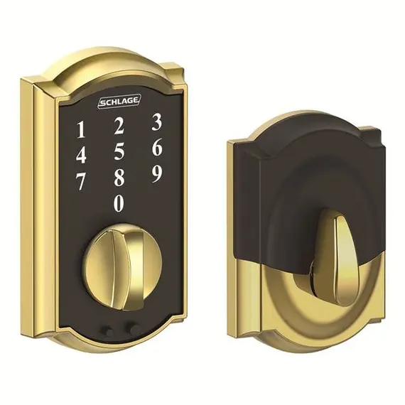 Schlage Residential BE375CAM605 Camelot Keyless Touch Deadbolt with 12287 Latch and 10116 Strike Bright Brass Finish