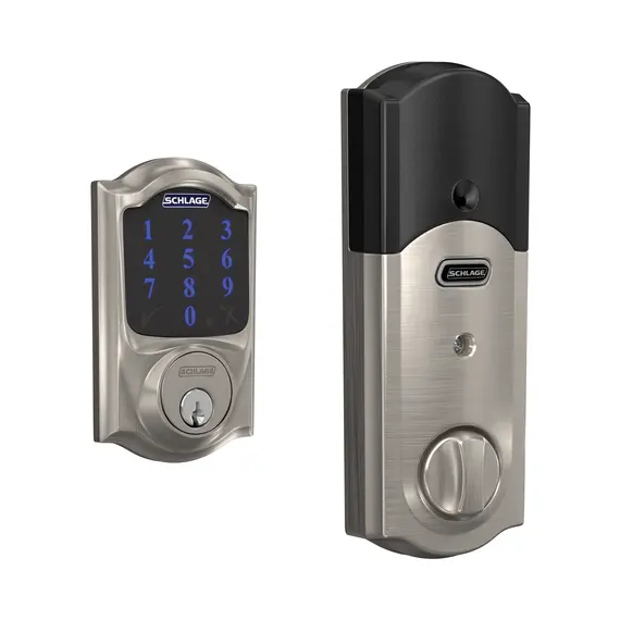 Schlage Residential BE469ZPCAM619 Camelot Electronic Touchscreen Deadbolt with Z-Wave Technology C Keyway with 12344 Latch and 10116 Strike Satin Nickel Finish